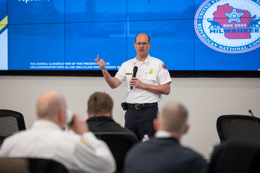 Chief Aaron Lipski, Milwaukee Fire Department, speaks at the April 2 RNC security event for local fire and EMS chiefs. Credit: Dawn Haase, Milwaukee Fire Department