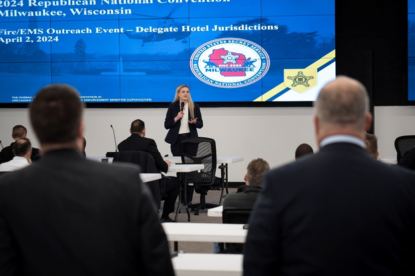 U.S. Secret Service RNC Coordinator Audrey Gibson-Cicchino speaks at the April 2 RNC security event for local fire and EMS chiefs. Credit: Dawn Haase, Milwaukee Fire Department