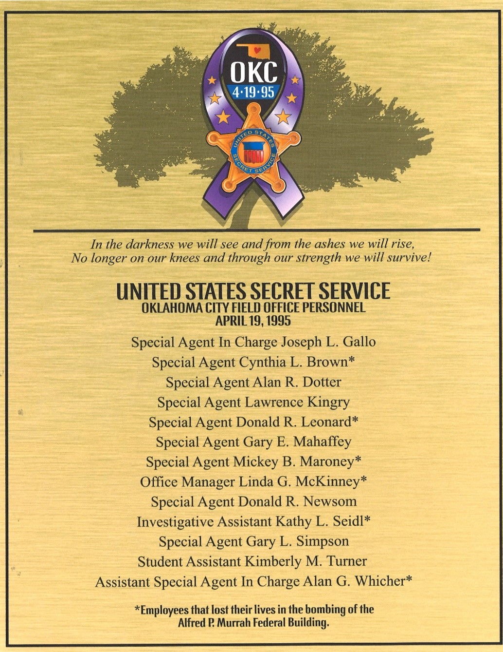 Plaque commemorating the Secret Service victims of the April 19, 1995, Oklahoma City bombing.